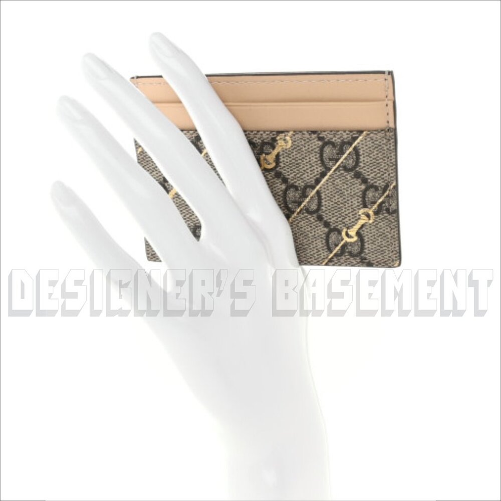 GUCCI beige Leather gold Horsebit print GG Supreme Canvas Card Case wallet NIB🎁 - Picture 4 of 5
